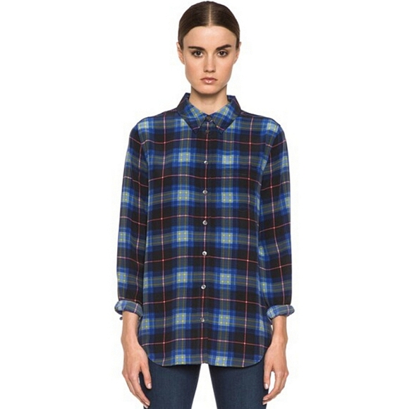 New Equipment Femme Navy Tartan Plaid Reese 100% Silk Blouse Button-up Top Large - Picture 1 of 9